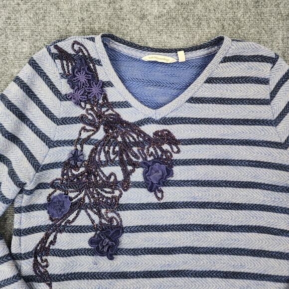 Soft Surroundings Sweater Womens Petite Large Blue Stripe Floral Embroidered Top - Picture 9 of 16